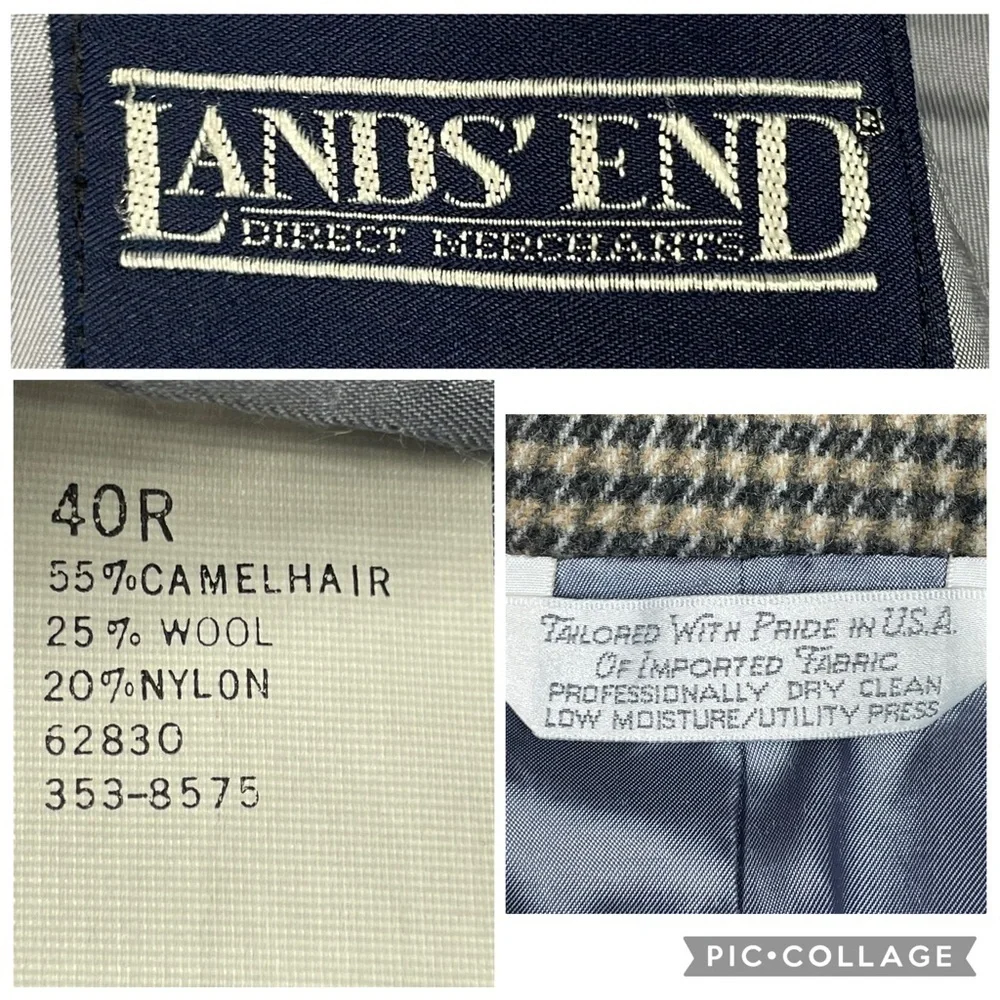 Land's End Classic Houndstooth Wool Camel Hair Preppy Sport Coat Blazer 40R